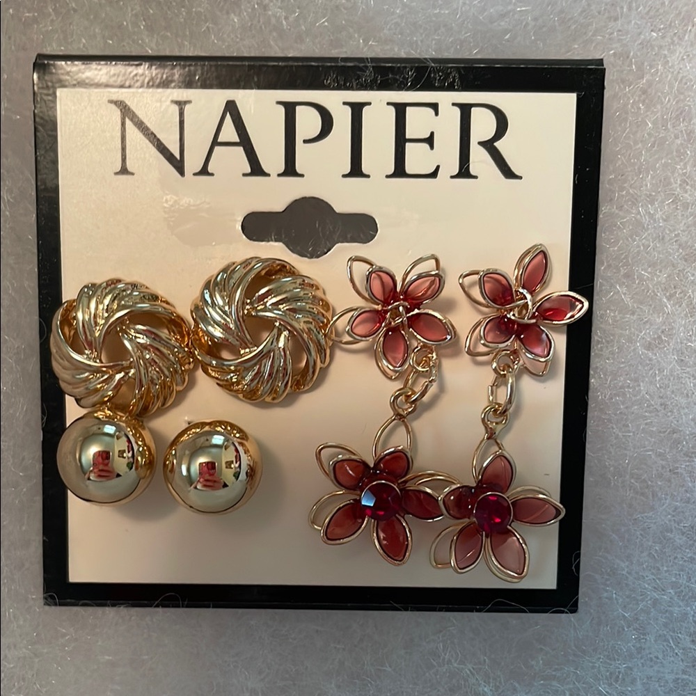 Napier Gold and Red Floral Earring Set